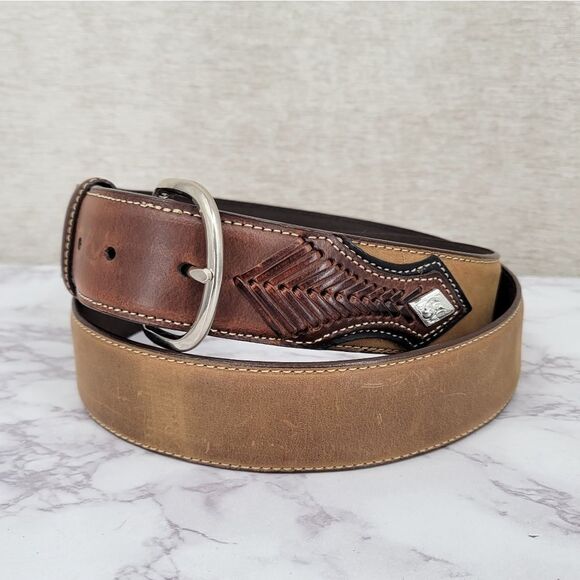 Nocona Men's Tan Top Hand Leather Western Belt with Concho Laced Billet - Picture 1 of 14